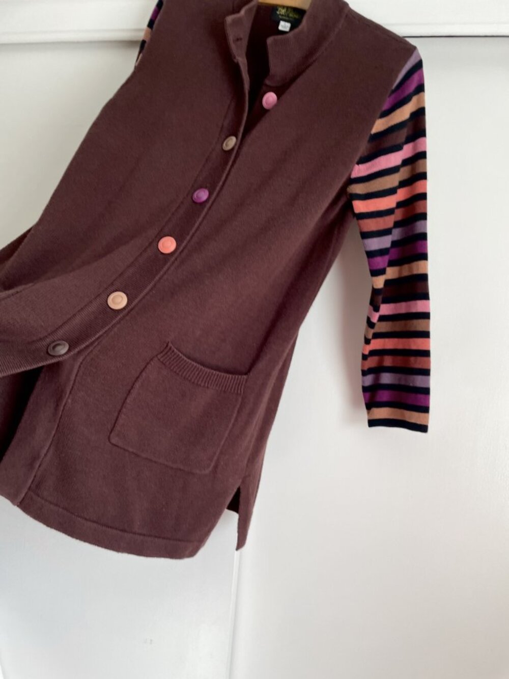 Bob Mackie Vintage Button Front Tall Long Cardigan Sweater L Brown Stripe Duster - Picture 4 of 10